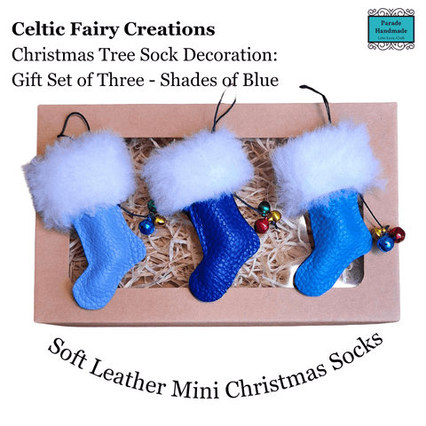 Soft Leather Christmas Sock Tree Decoration Trio Gift Set in Blue - Celtic Fairy Creations - Parade Handmade