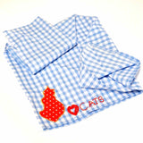 Handmade Blue Gingham Boho Bandana with Appliqued Red Love Cats Design - Parade Handmade