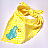 Handmade Yellow Gingham Boho Bandana with Appliqued Turquoise Love Cats Design - Parade Handmade