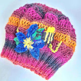 Pink and Purple Creature Beret Hat for women - flower and bumblebee applique - Slouchy Berets collection - Parade Handmade