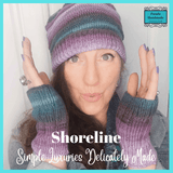 Purple and Turquoise Light Weight Hand Knitted Hat and Wrist Warmers Set in 60% Wool Seamless pattern M/L  by Shoreline - Parade Handmade
