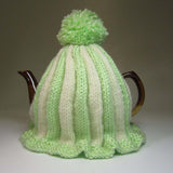Super cute pastel green and cream striped Tea Cosy with bobble by Shoreline - Parade Handmade