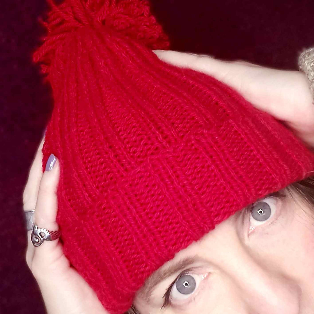 Red Ribbed Hand-Knitted Hat