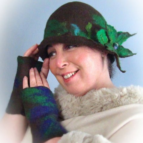 Whimsical Felt Hat In Brown, Floral Brooch Detail, Med, Hats By Parade - Parade Handmade